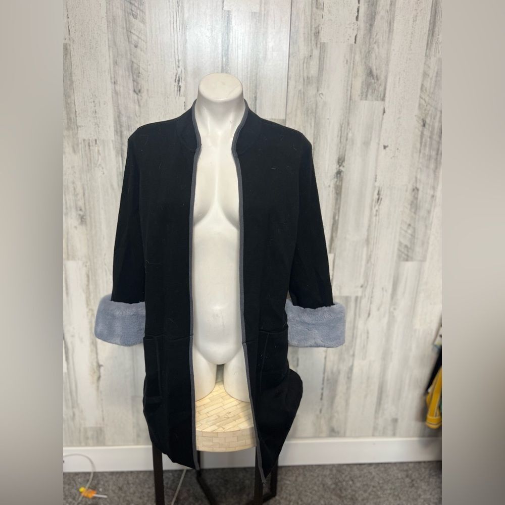 Alfani Faux Fur Cuff Knit Cardigan Womens Medium Black Grey Duster Longline Jack